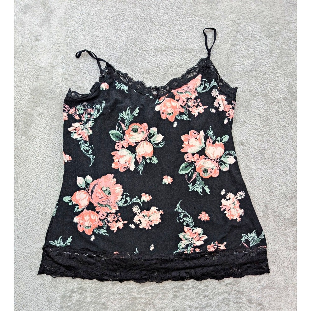 rue21 Women's XL Black & Pink Floral Lace Trim Camisole Adjustable Straps